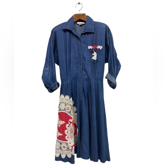VNTG Women's Size 14 Midi Cotton Denim Dress Lace Embellishment Cottagecore